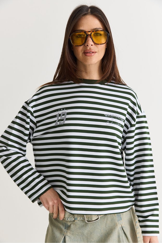 Women's White-Green Striped Digital Print Detailed Oversize Sweatshirt 925 60286558