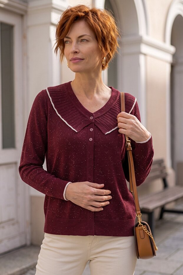 Burgundy V-Neck Cuffed Sleeves Thin Sequined Hem Ribbed Casual Knitwear Sweater 65 60