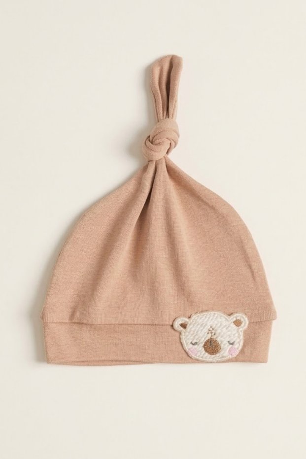 0-6 Months Unisex Baby Bear Hat with Embroidery Detail, 100% Cotton Interlock Knotted Beanie