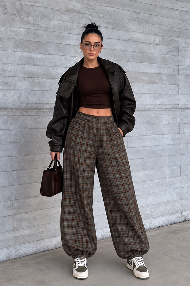 Women's Khaki Plaid Patterned Loose-Fit Elastic-Cuffed Trousers Nns026