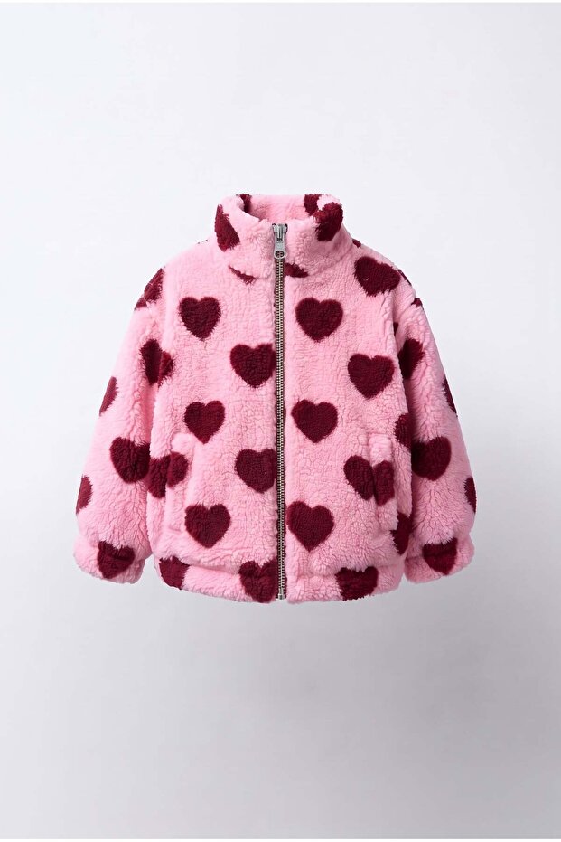 Girl's Heart Patterned Pink Plush Jacket