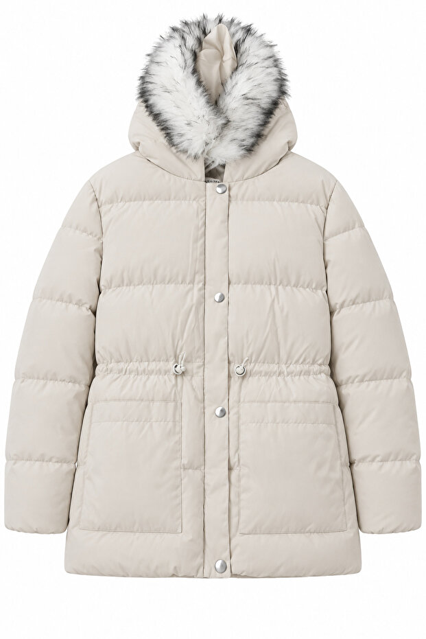 Women's Hooded Fur Detailed Long Puffer Coat with Adjustable Waist.