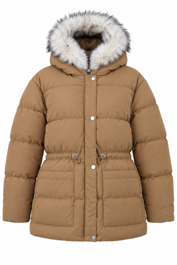 Women's Hooded Fur Detailed Long Puffer Coat with Adjustable Waist.