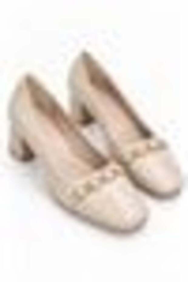 Beige Leather Look Blunt Toe Thick Five Centimeter Heeled Shoes with Chain Detail