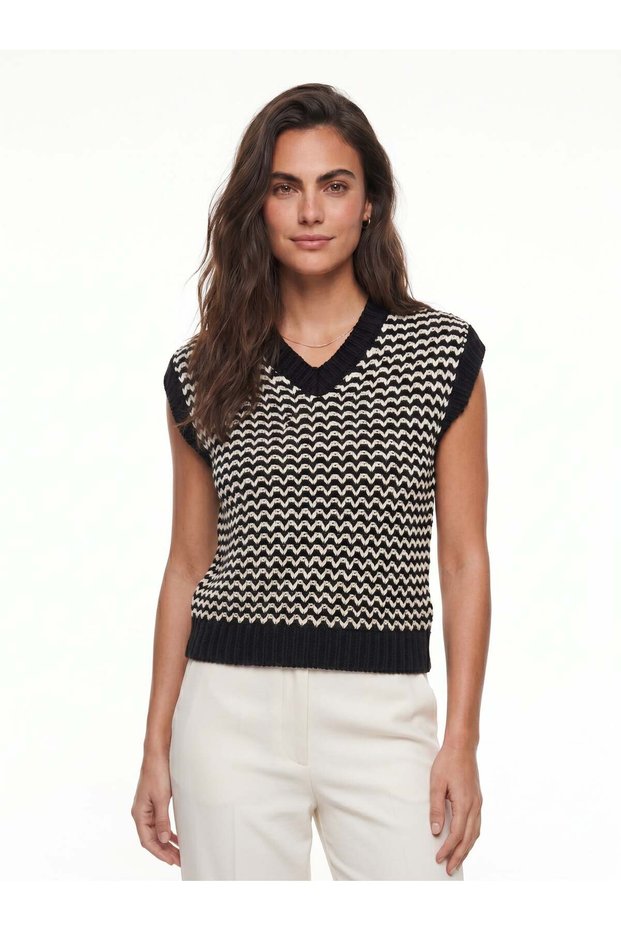Black Ecru Acrylic Blended Soft Textured V-Neck Ribbed Detailed Striped Knitted Sweater