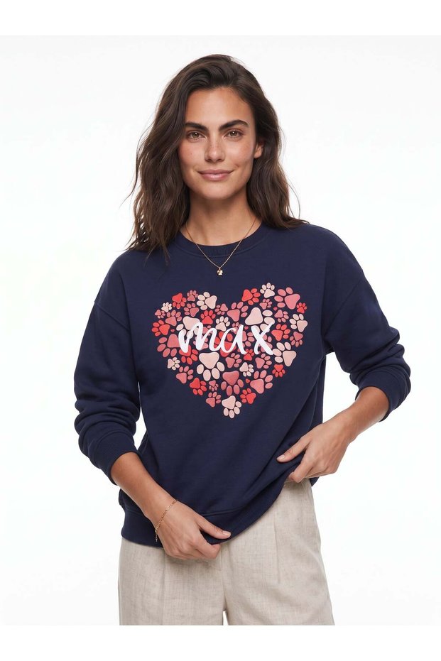 Navy Blue Cotton Round Neck Three Thread Threaded Paw Print Long Sleeve Sweatshirt