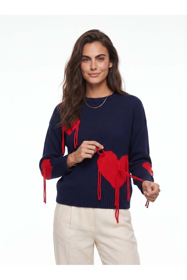 Navy Blue Acrylic Textured Crew Neck Drop Shoulder Knitted Sweater with Heart and Fringe Detail