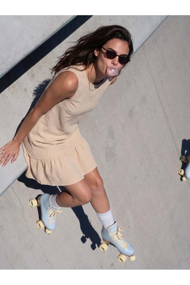 Beige Wrinkled Fabric Thick Strap Comfortable Cut Dress with Flounce Hem