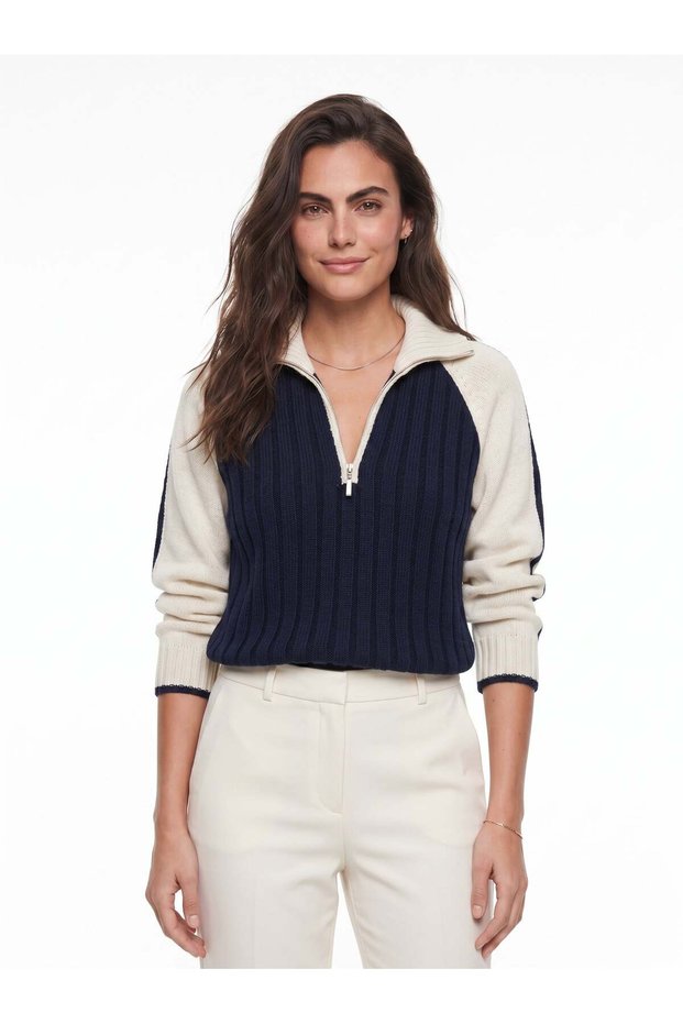 Navy Blue Acrylic Fabric Half Zipper Standard Size Long Sleeve Soft Textured Knitwear Sweater