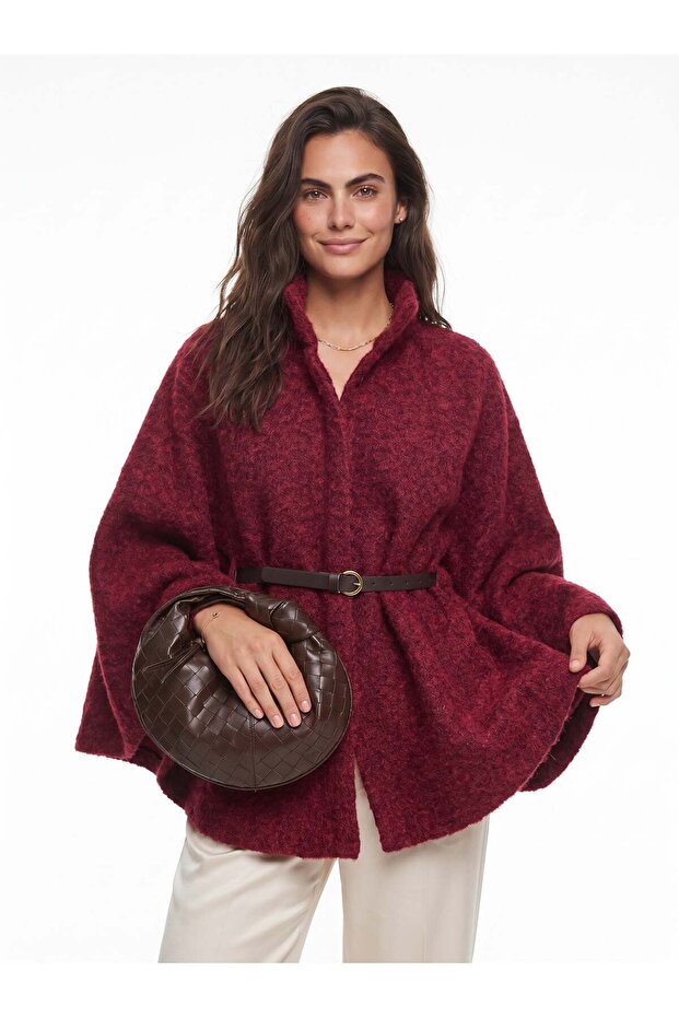 Burgundy Boucle Fabric Stand Collar Araboy Belted Cashmere Textured Wide Cut Buttoned Poncho