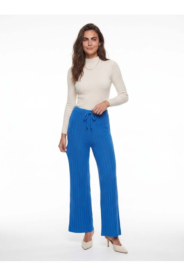 Saks Ribbed Stretch Fabric Elastic Waist Lace-Up Wide Leg Comfortable Fit Palazzo Trousers