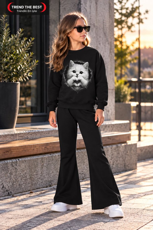Winter, Spring, and Autumn Girls' Black Spanish Flared Bottoms and Black Sweat Top