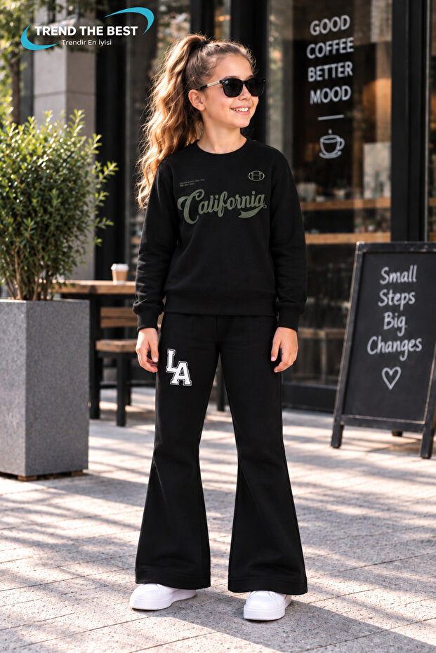 Winter, Spring, and Autumn Girls' Black Spanish Flared Bottoms and Black Sweat Top