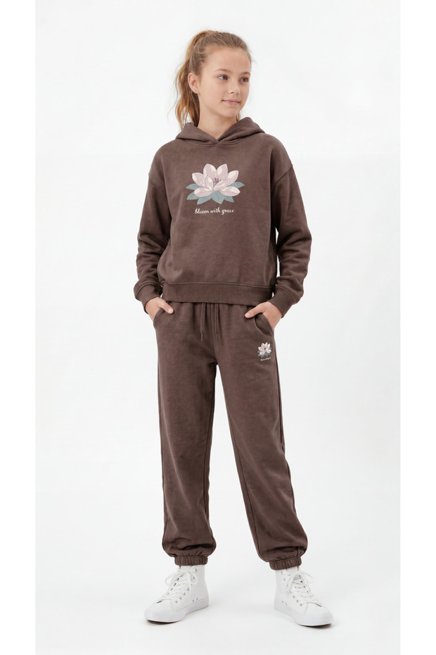 Bloom with Grace Printed Hooded Girls' Top and Bottom Tracksuit Set