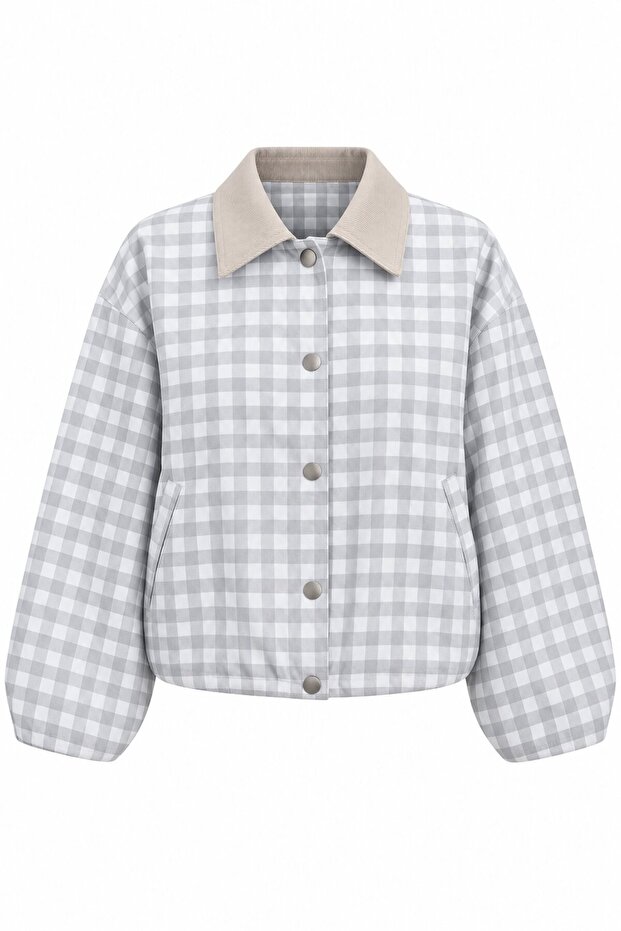 Gray Square Pattern Bomber Jacket with Elastic Detail at the Wrist - 4245