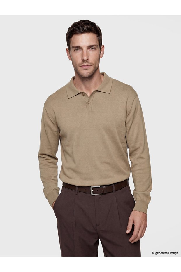 Ozmarka New Season Brown Standard Fit Polo Collar Long Sleeve Men's Knitwear Sweater