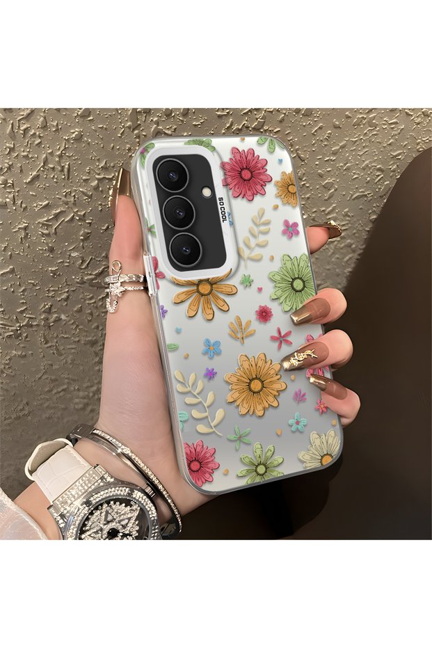 Samsung Galaxy S25 Fe Compatible Colorful Multicolor Daisy Plants Retro Hand Drawn Flower Print