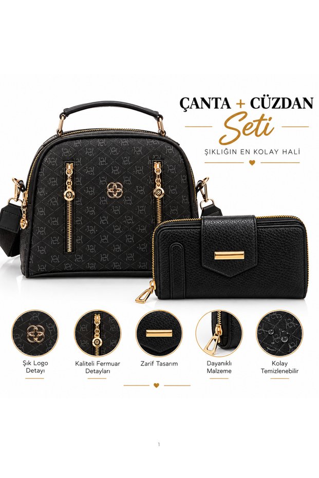 Women's Shoulder Bag with Gold Detail, Monogram Pattern, Stylish Bag and Wallet