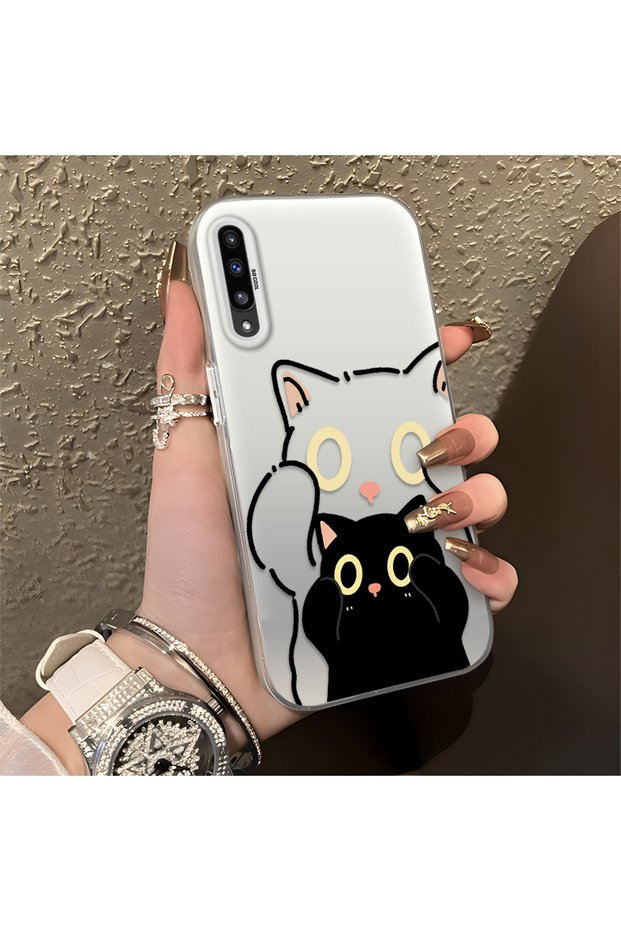 Samsung Galaxy A50/A50S/A30S Compatible Simple Stripes Cute Black Cat Impact Wear Resistant Art Print