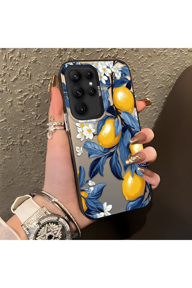 Samsung Galaxy S22 Ultra Compatible Yellow Lemon Blue Leaf White Small Flower Shock Absorbing Protection