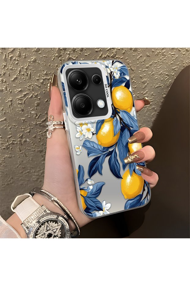 Poco M6 Pro 4g Compatible Yellow Lemon Blue Leaf White Small Flower Shock Absorbing Protection
