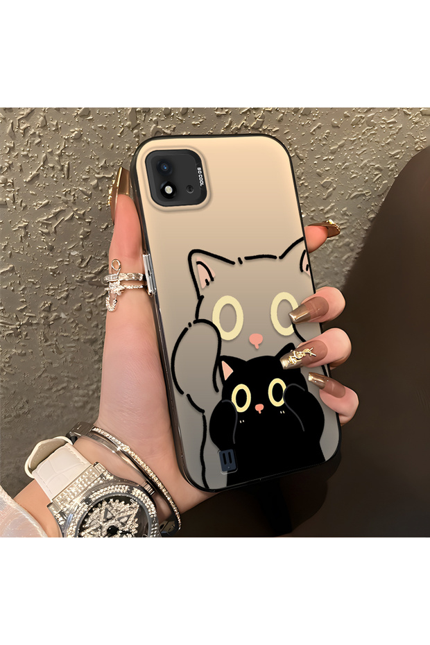 Realme C20/C20A Compatible Simple Striped Cute Black Cat Impact Wear-Resistant Art Print