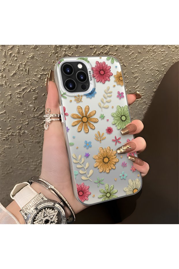 iPhone 13 Pro Compatible Colorful Multicolor Daisy Plants Retro Hand Drawn Flower Print