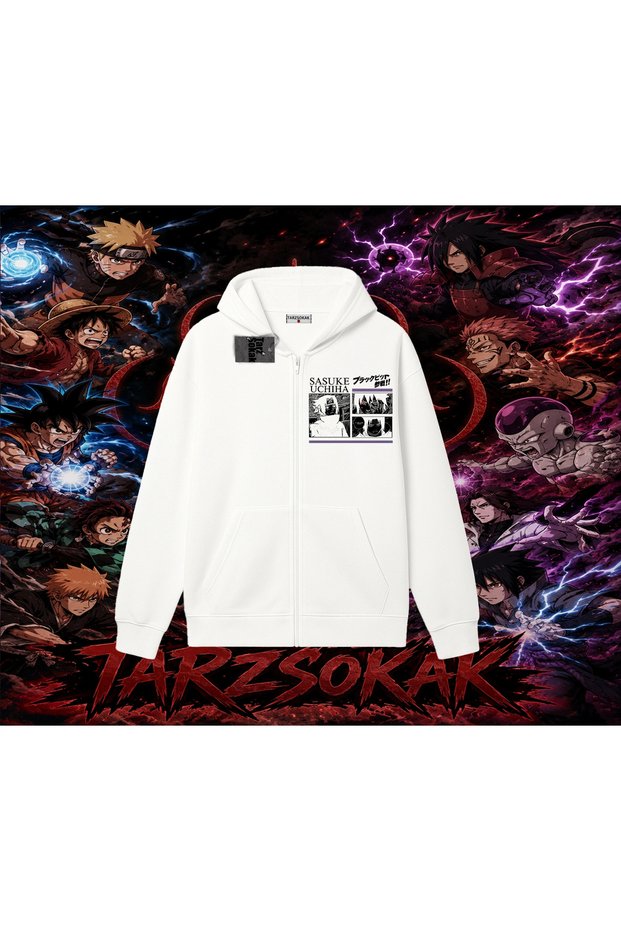 Sasuke Uchiha Naruto Anime Character Oversize Unisex Cardigan & Jacket Zipper Sweatshirt White
