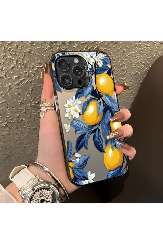 iPhone 16 Pro Max Compatible Yellow Lemon Blue Leaf White Small Flower Shock Absorbing Protection