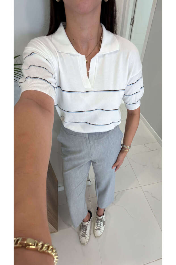 Md Nella Ecru Polo Collar Short Sleeve Knitwear