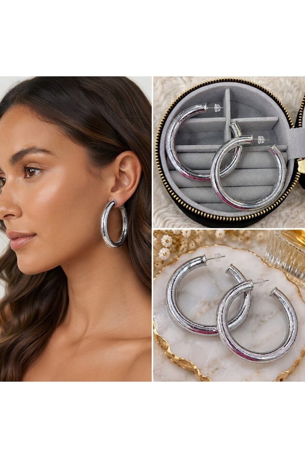 💎 Premium Shiny and Stylish Thick Silver Color 316L Steel Hoop Women's Earrings