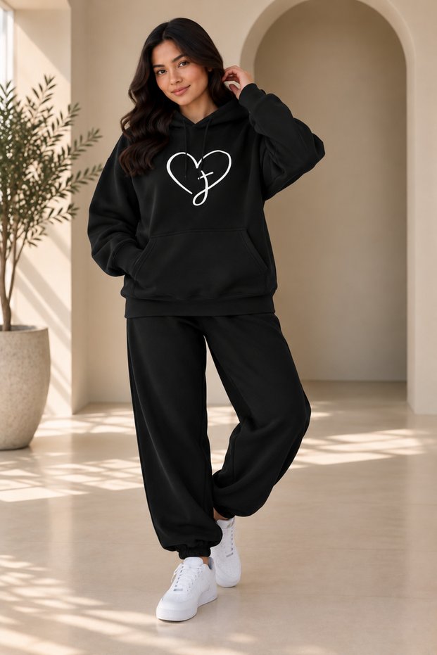 Women's Plus Size Heart J Printed Oversize 2-Piece Tracksuit Set – Hooded Hoodie & Jogger Pants