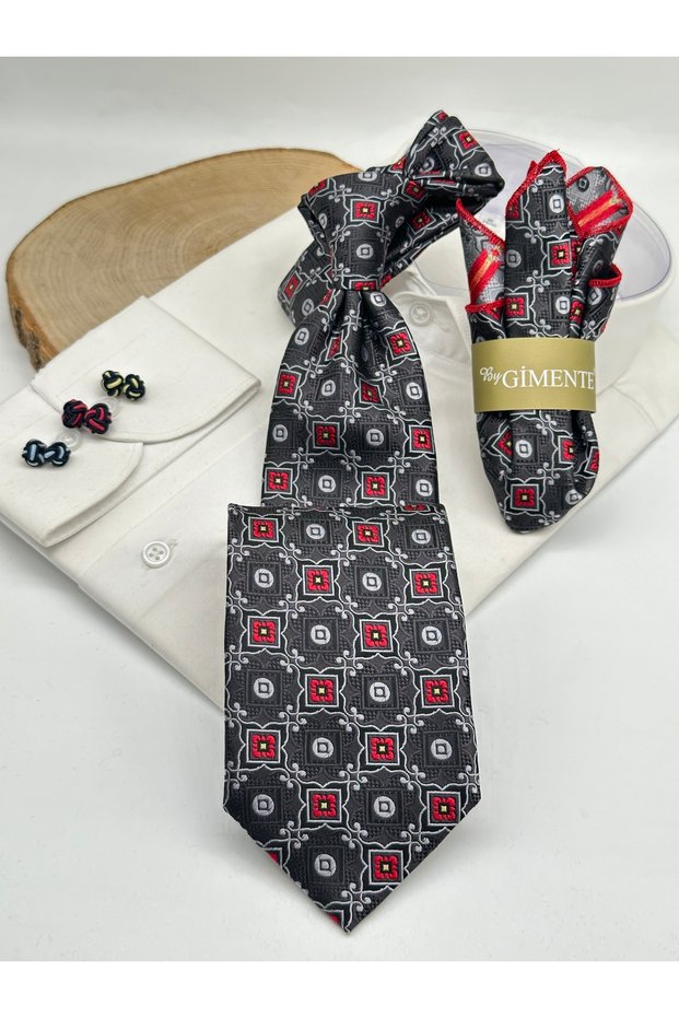 Black Patterned Classic Tie with Handkerchief