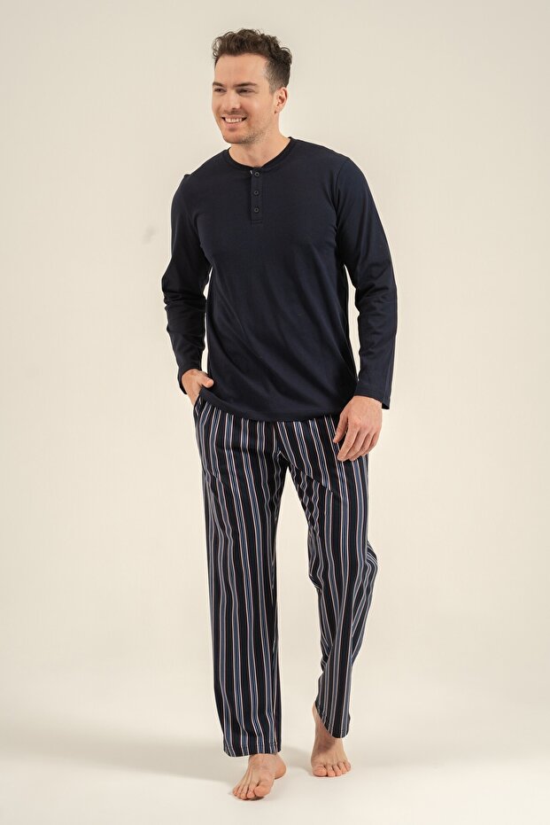 Men's Navy Blue 100% Cotton Pajama Set, Buttoned Collar, Pocket Detail