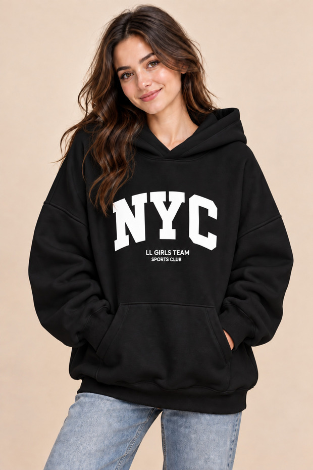 Women's Nyc Printed 3-String Hooded Sweatshirt 100% Cotton