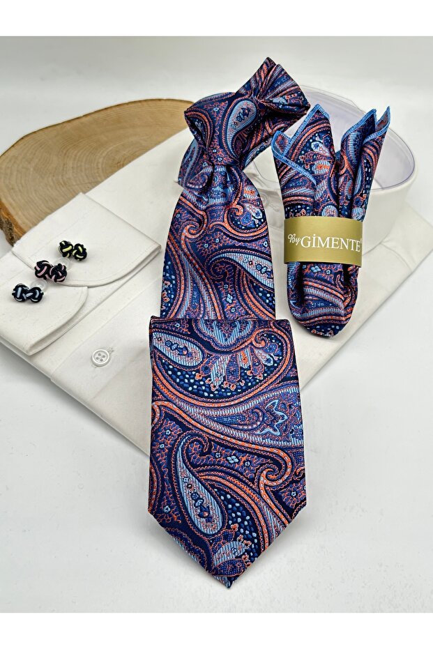 Navy Blue Shawl Patterned Classic Tie with Handkerchief