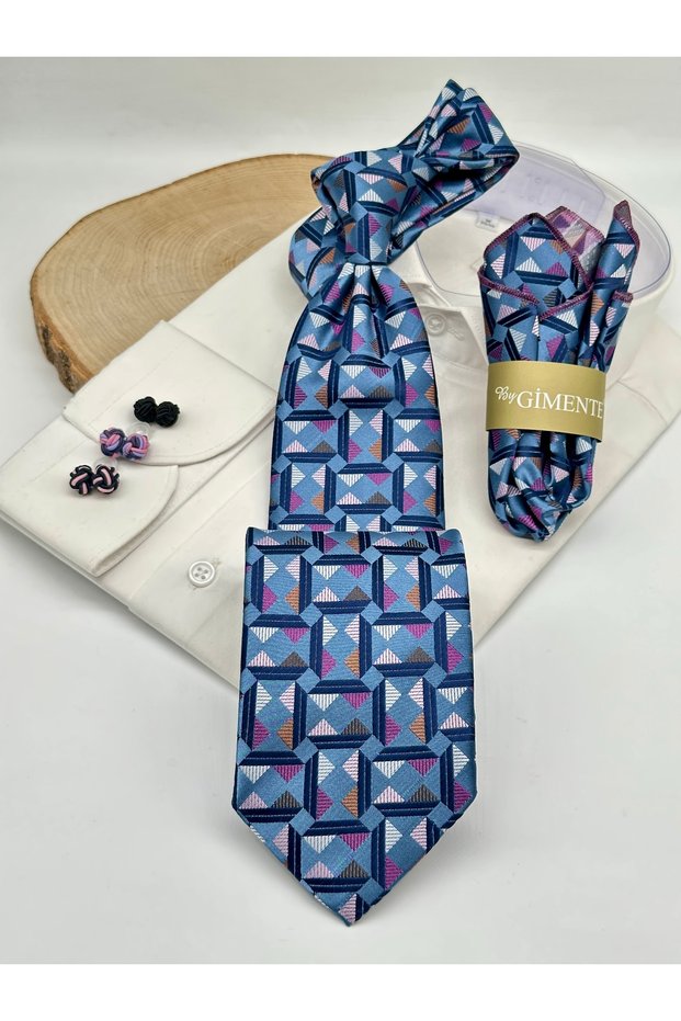 Classic Tie with Blue Geometric Patterned Handkerchief