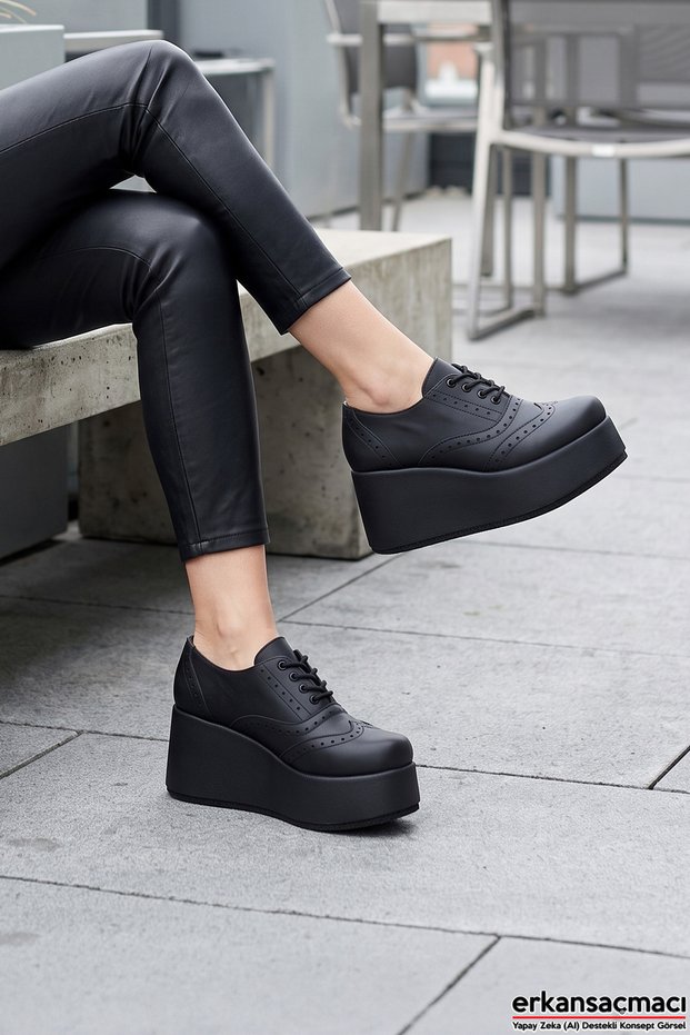 Beira Black Vegan Round Toe Lace-Up Wedge Heeled Casual Shoes