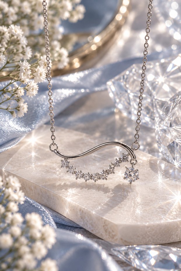 Asymmetric Wave Round Stone Luxury Steel Necklace (Silver Color)