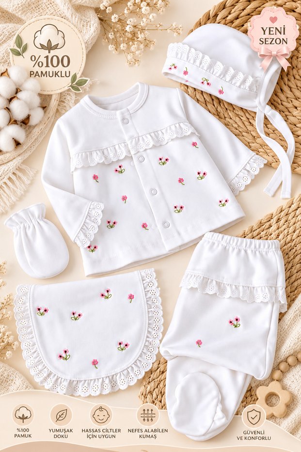 5 Piece 100% Cotton Floral Embroidered Newborn Baby Girl Hospital Discharge Bodysuit Set Gift