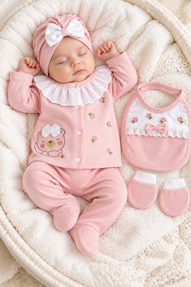 5 Piece 100% Cotton Floral Embroidered Scalloped Newborn Baby Girl Hospital Discharge Bodysuit Set Gift