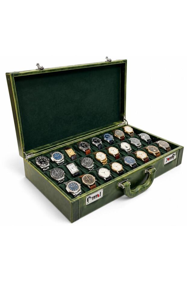 Watch Case 24-Piece Diplomat Model Green Pull-Up Leather