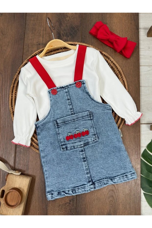 Denim Jile Dress with Elastic Straps, Cherry and Daisy Embroidery, Long Sleeve, Combed Cotton Badi Bandana, 3-Piece Baby Girl Set