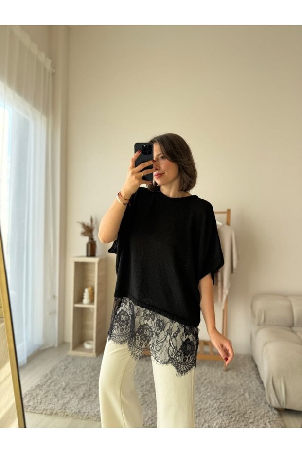 Lace Hem Detailed Oversized Knitwear Blouse Aw26Kz00077
