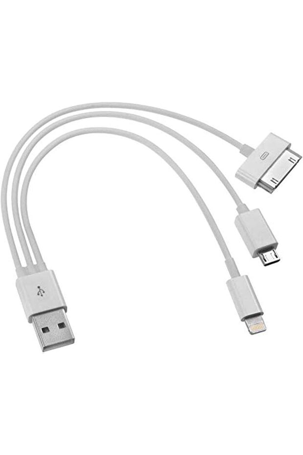 كابل شحن USB 3 في 1 - USB-A إلى Lightning، Micro USB و USB Type-C - أبيض