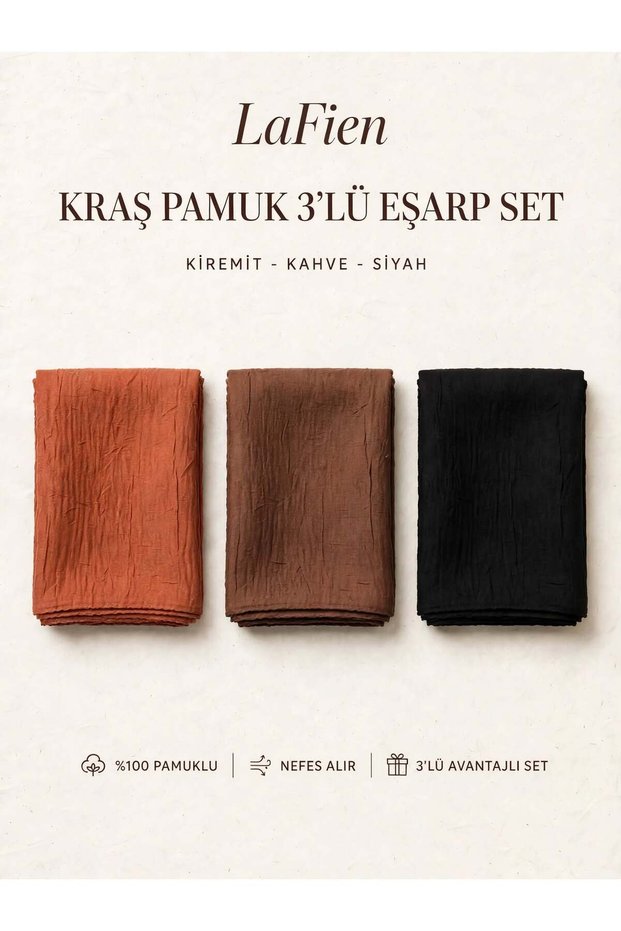 Kraş Solid Color Stitched Cotton Scarf Tile-Brown - Black (3 Pieces) 100X100Cm