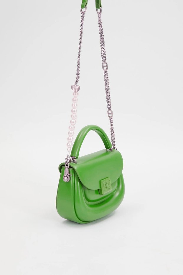 Women's Hand and Shoulder Bag with Pistachio Green Heart Accessories and Beaded Strap Detail