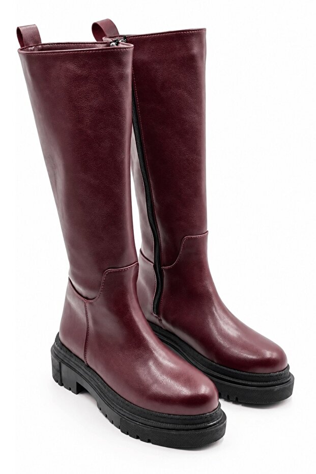 Raccoon Women's Burgundy Leather Thick-Toothed Sole Side Zipper Below the Knee Riding Boots