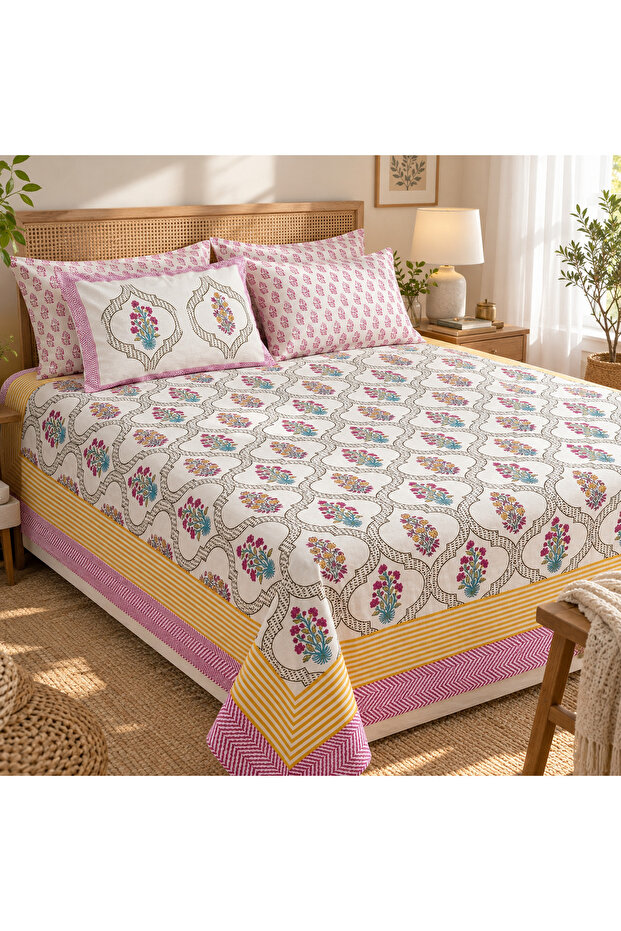 Floral Handblock Printed Cotton Bedsheet – Pink & Mustard