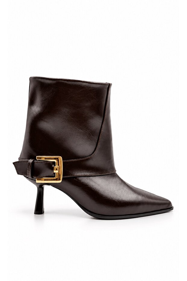 Janet Women's Brown Leather Gold Buckle Pointed Toe Goblet Heeled Ankle Length Short Boots